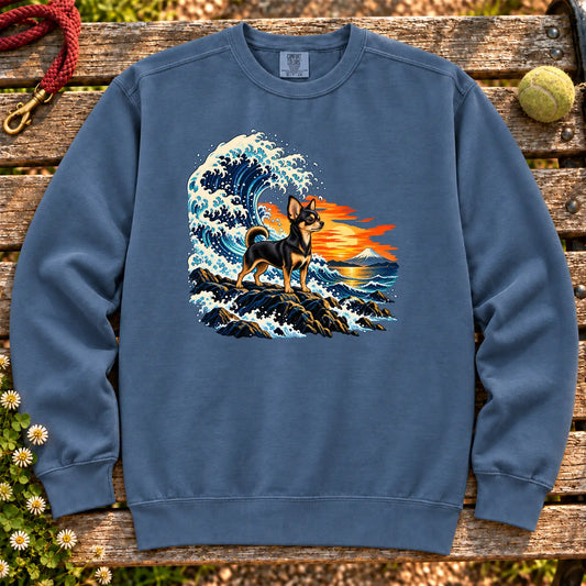 Chihuahua dog with ocean waves, sunset and Mount Fuji on a Blue Jean Comfort Colors sweatshirt