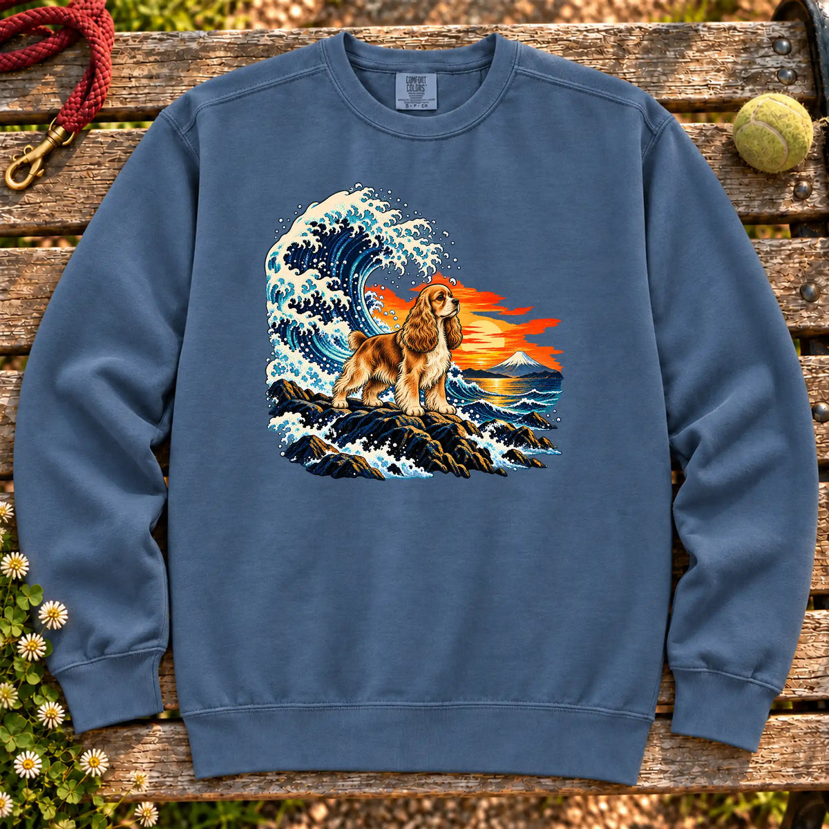 Cocker Spaniel dog with ocean waves, sunset and Mount Fuji on a Blue Jean Comfort Colors sweatshirt