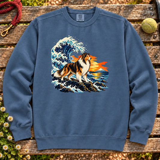 Collie dog with ocean waves, sunset and Mount Fuji on a Blue Jean Comfort Colors sweatshirt