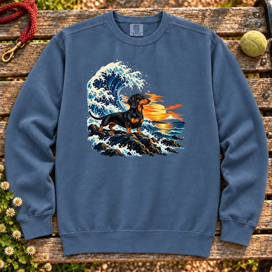 Dachshund dog with ocean waves, sunset and Mount Fuji on a Blue Jean Comfort Colors sweatshirt