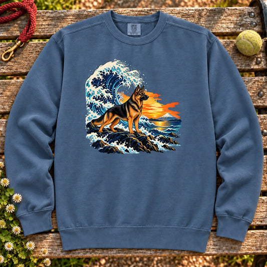 German Shepherd dog with ocean waves, sunset and Mount Fuji on a Blue Jean Comfort Colors sweatshirt