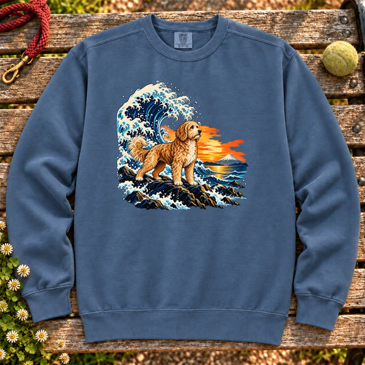 Goldendoodle dog with ocean waves, sunset and Mount Fuji on a Blue Jean Comfort Colors sweatshirt