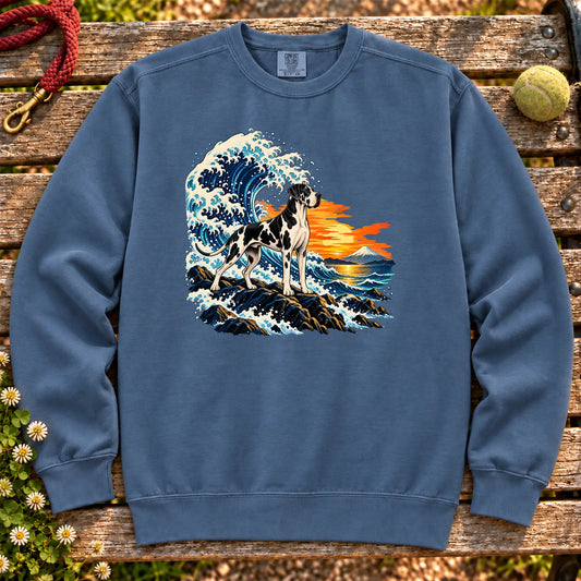 Great Dane dog with ocean waves, sunset and Mount Fuji on a Blue Jean Comfort Colors sweatshirt