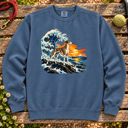 Greyhound dog with ocean waves, sunset and Mount Fuji on a Blue Jean Comfort Colors sweatshirt
