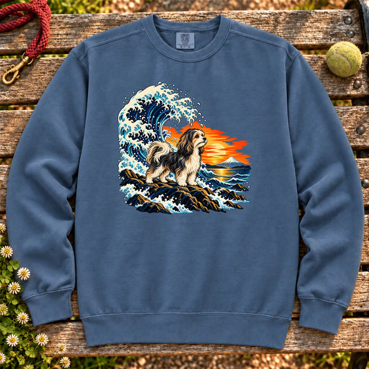 Havanese dog with ocean waves, sunset and Mount Fuji on a Blue Jean Comfort Colors sweatshirt