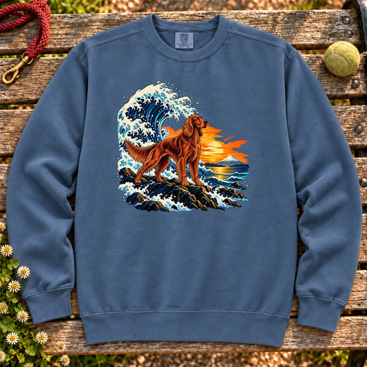 Irish Setter dog with ocean waves, sunset and Mount Fuji on a Blue Jean Comfort Colors sweatshirt