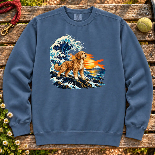 Labradoodle dog with ocean waves, sunset and Mount Fuji on a Blue Jean Comfort Colors sweatshirt