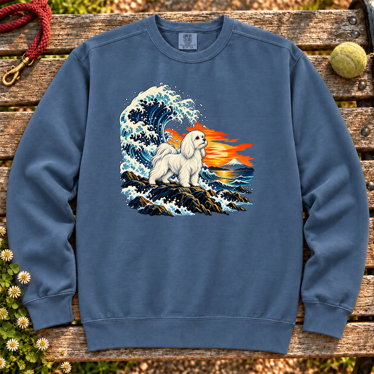 Maltese dog with ocean waves, sunset and Mount Fuji on a Blue Jean Comfort Colors sweatshirt