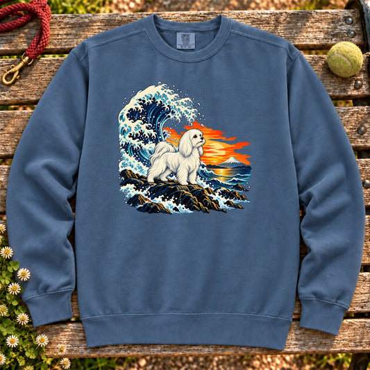 Maltese dog with ocean waves, sunset and Mount Fuji on a Blue Jean Comfort Colors sweatshirt