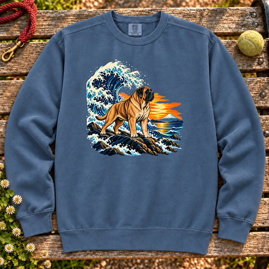 Mastiff dog with ocean waves, sunset and Mount Fuji on a Blue Jean Comfort Colors sweatshirt