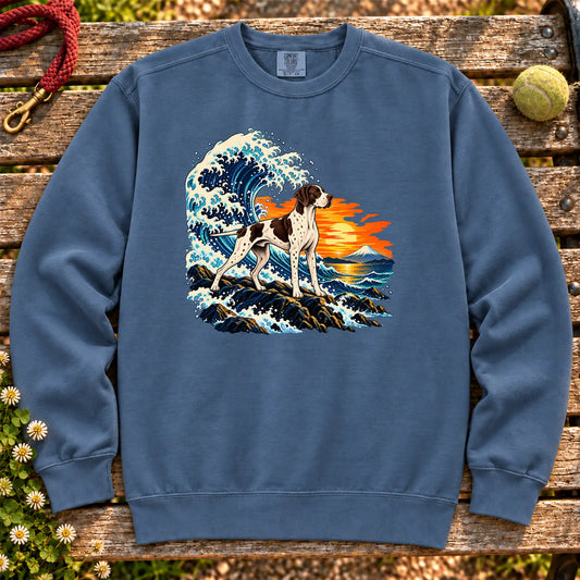 Pointer dog with ocean waves, sunset and Mount Fuji on a Blue Jean Comfort Colors sweatshirt