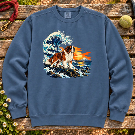 Saint Bernard dog with ocean waves, sunset and Mount Fuji on a Blue Jean Comfort Colors sweatshirt
