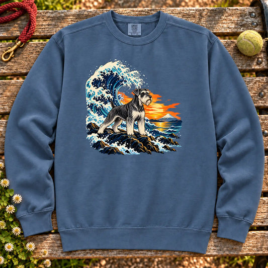 Schnauzer dog with ocean waves, sunset and Mount Fuji on a Blue Jean Comfort Colors sweatshirt