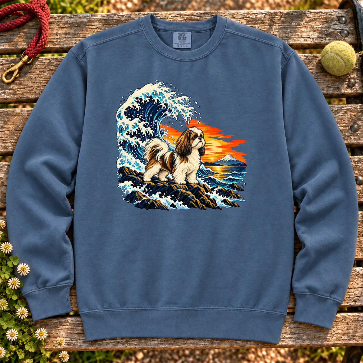 Shih Tzu dog with ocean waves, sunset and Mount Fuji on a Blue Jean Comfort Colors sweatshirt