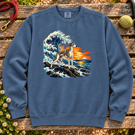 Whippet dog with ocean waves, sunset and Mount Fuji on a Blue Jean Comfort Colors sweatshirt