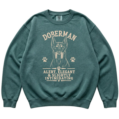 Blue Spruce Comfort Colors® sweatshirt featuring Alert, Elegant & Slightly Intimidating - Doberman, laid-flat presentation