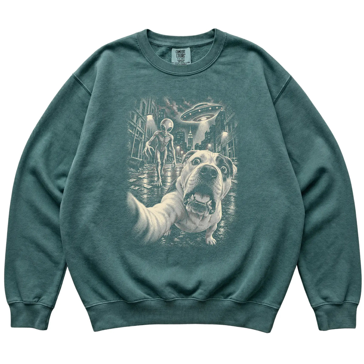 American Bulldog Alien Selfie Comfort Colors Sweatshirt in Blue Spruce, flat view
