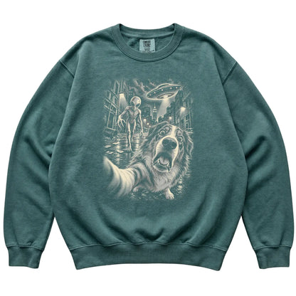 Australian Shepherd Alien Selfie Comfort Colors Sweatshirt in Blue Spruce, flat view