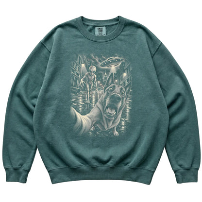 Belgian Malinois Alien Selfie Comfort Colors Sweatshirt in Blue Spruce, flat view
