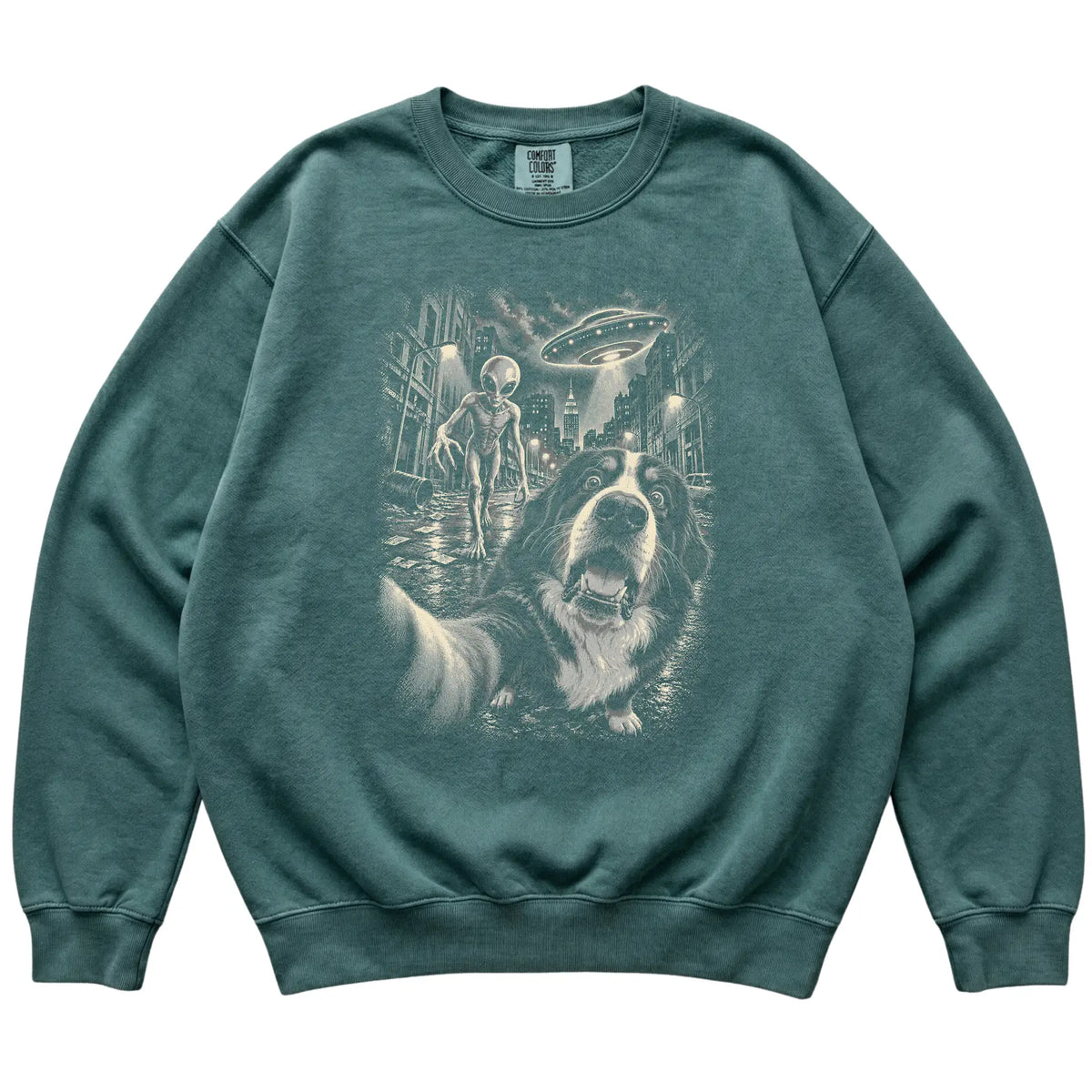 Bernese Mountain Dog Alien Selfie Comfort Colors Sweatshirt in Blue Spruce, flat view