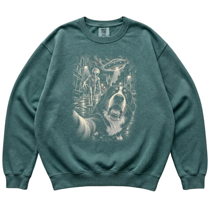 Bernese Mountain Dog Alien Selfie Comfort Colors Sweatshirt in Blue Spruce, flat view