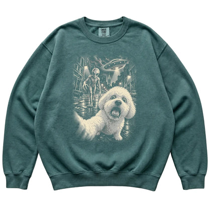 Bichon Frise Alien Selfie Comfort Colors Sweatshirt in Blue Spruce, flat view