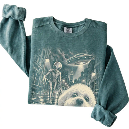 Bichon Frise Alien Selfie Comfort Colors Sweatshirt in Blue Spruce, folded view