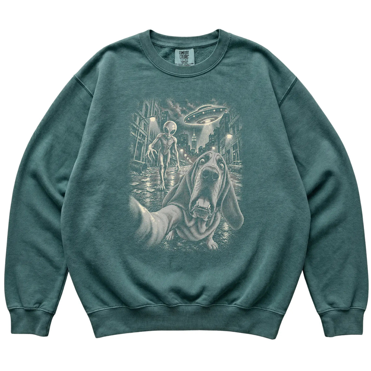 Bloodhound Alien Selfie Comfort Colors Sweatshirt in Blue Spruce, flat view