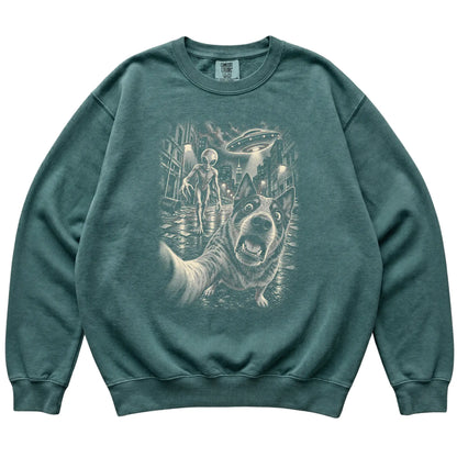 Blue Heeler Alien Selfie Comfort Colors Sweatshirt in Blue Spruce, flat view