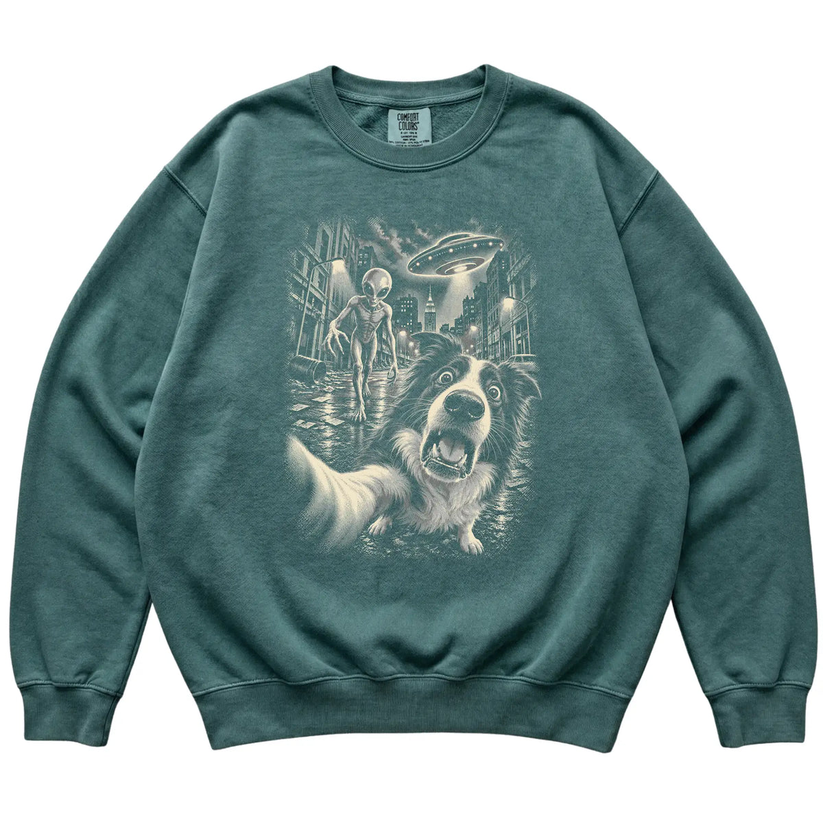 Border Collie Alien Selfie Comfort Colors Sweatshirt in Blue Spruce, flat view