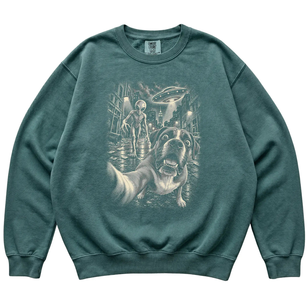 Boxer Alien Selfie Comfort Colors Sweatshirt in Blue Spruce, flat view
