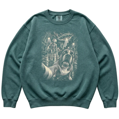 Boxer Alien Selfie Comfort Colors Sweatshirt in Blue Spruce, flat view