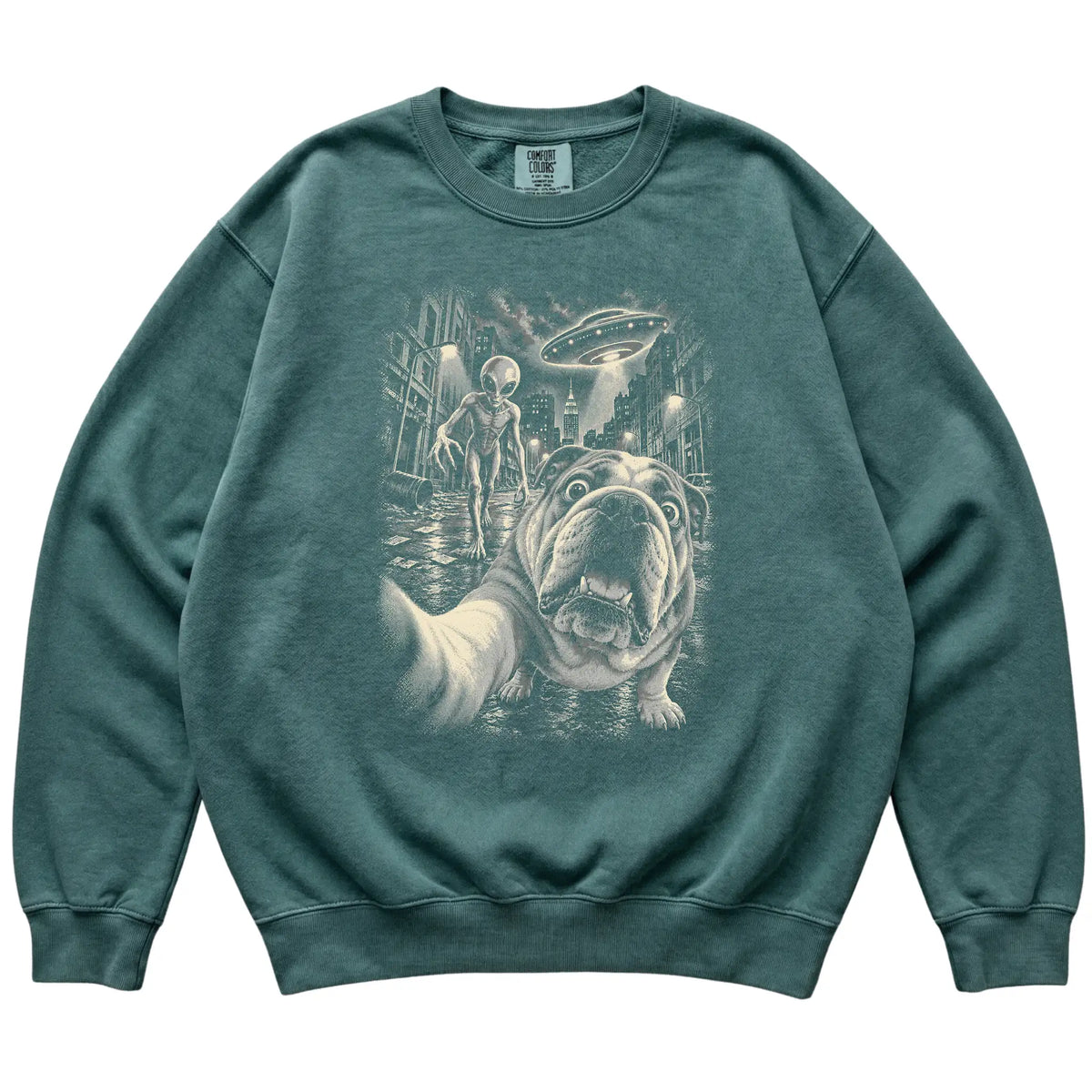 English Bulldog Alien Selfie Comfort Colors Sweatshirt in Blue Spruce, flat view