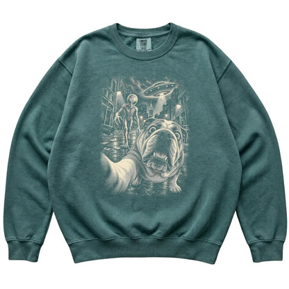 English Bulldog Alien Selfie Comfort Colors Sweatshirt in Blue Spruce, flat view