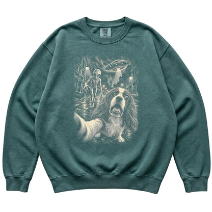 Cavalier King Charles Spaniel Alien Selfie Comfort Colors Sweatshirt in Blue Spruce, flat view