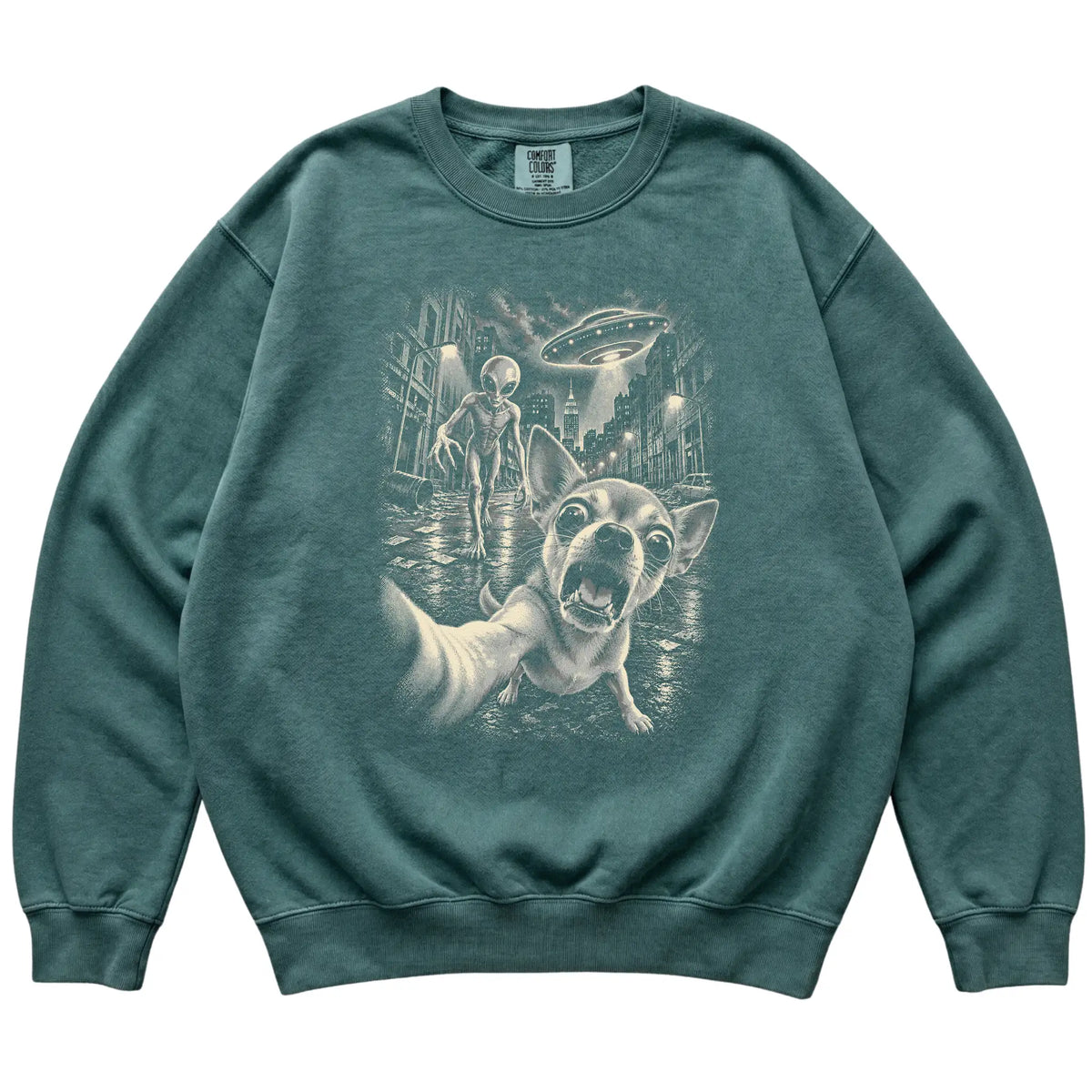 Chihuahua Alien Selfie Comfort Colors Sweatshirt in Blue Spruce, flat view