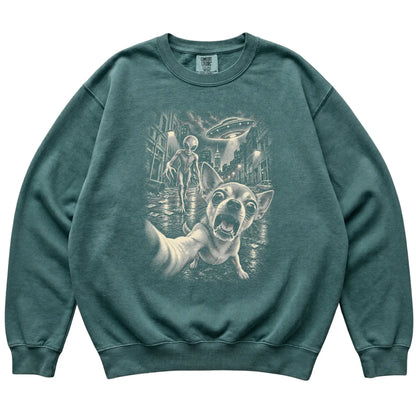 Chihuahua Alien Selfie Comfort Colors Sweatshirt in Blue Spruce, flat view