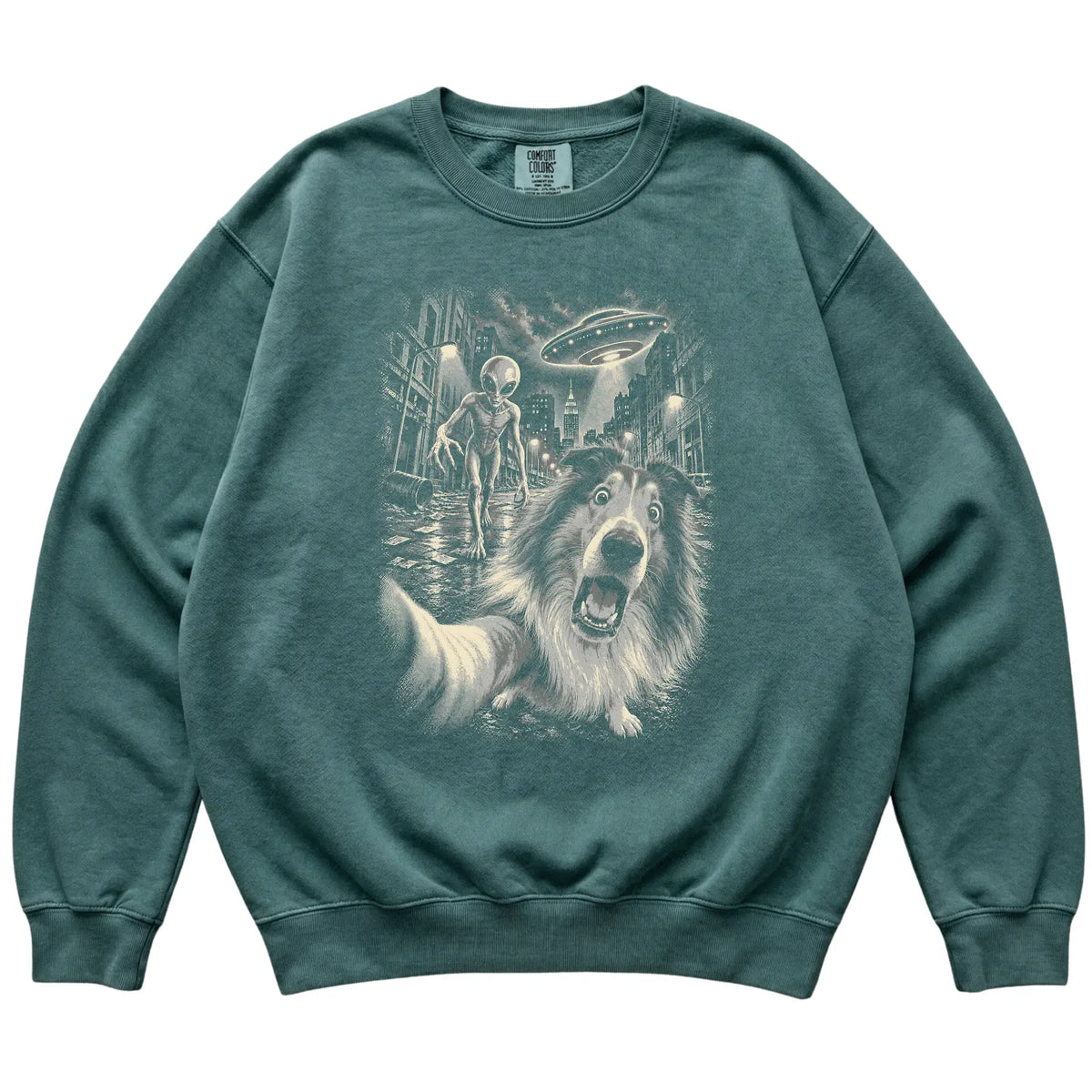 Collie Alien Selfie Comfort Colors Sweatshirt in Blue Spruce, flat view