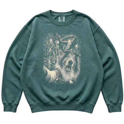 Collie Alien Selfie Comfort Colors Sweatshirt in Blue Spruce, flat view