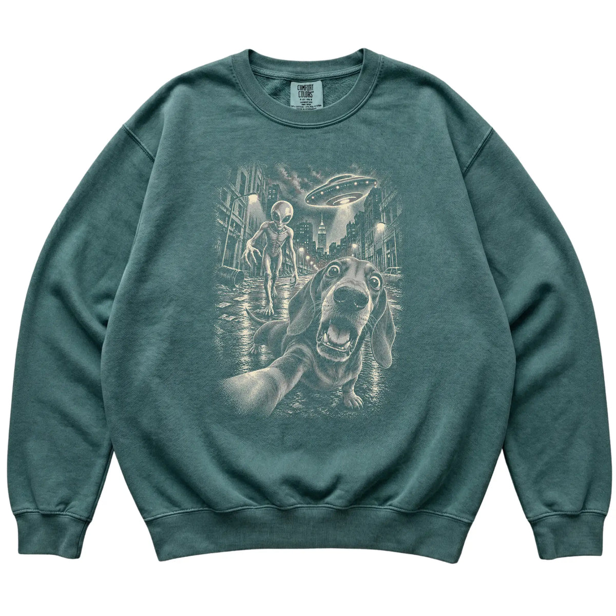 Dachshund Alien Selfie Comfort Colors Sweatshirt in Blue Spruce, flat view