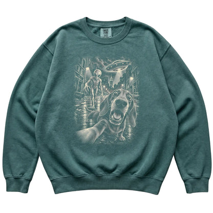 Dachshund Alien Selfie Comfort Colors Sweatshirt in Blue Spruce, flat view