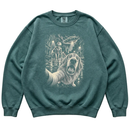 Golden Retriever Alien Selfie Comfort Colors Sweatshirt in Blue Spruce, flat view
