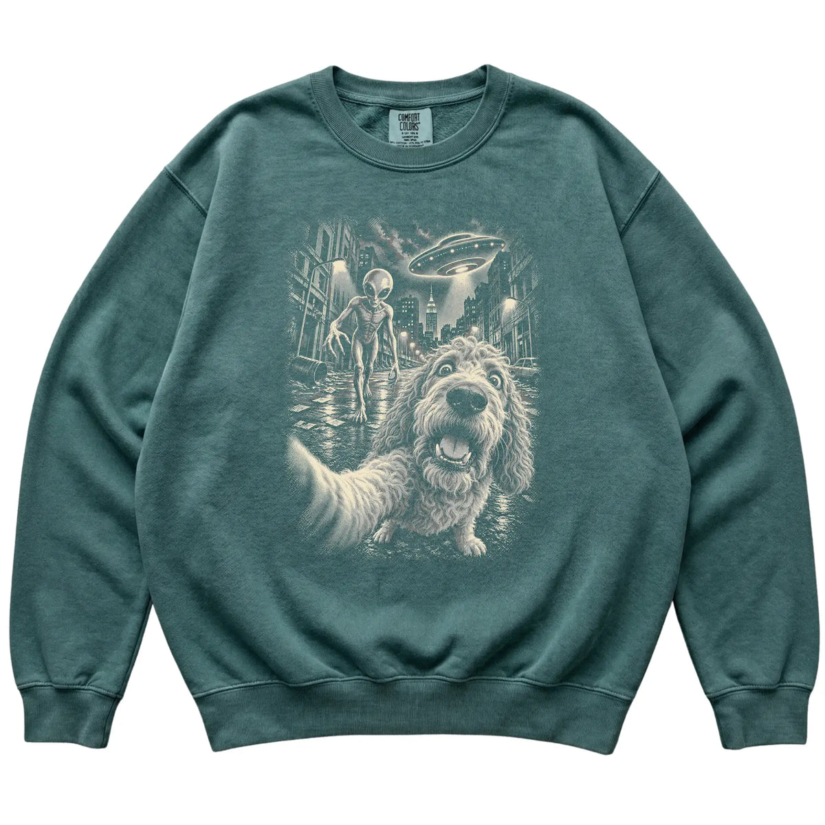 Goldendoodle Alien Selfie Comfort Colors Sweatshirt in Blue Spruce, flat view