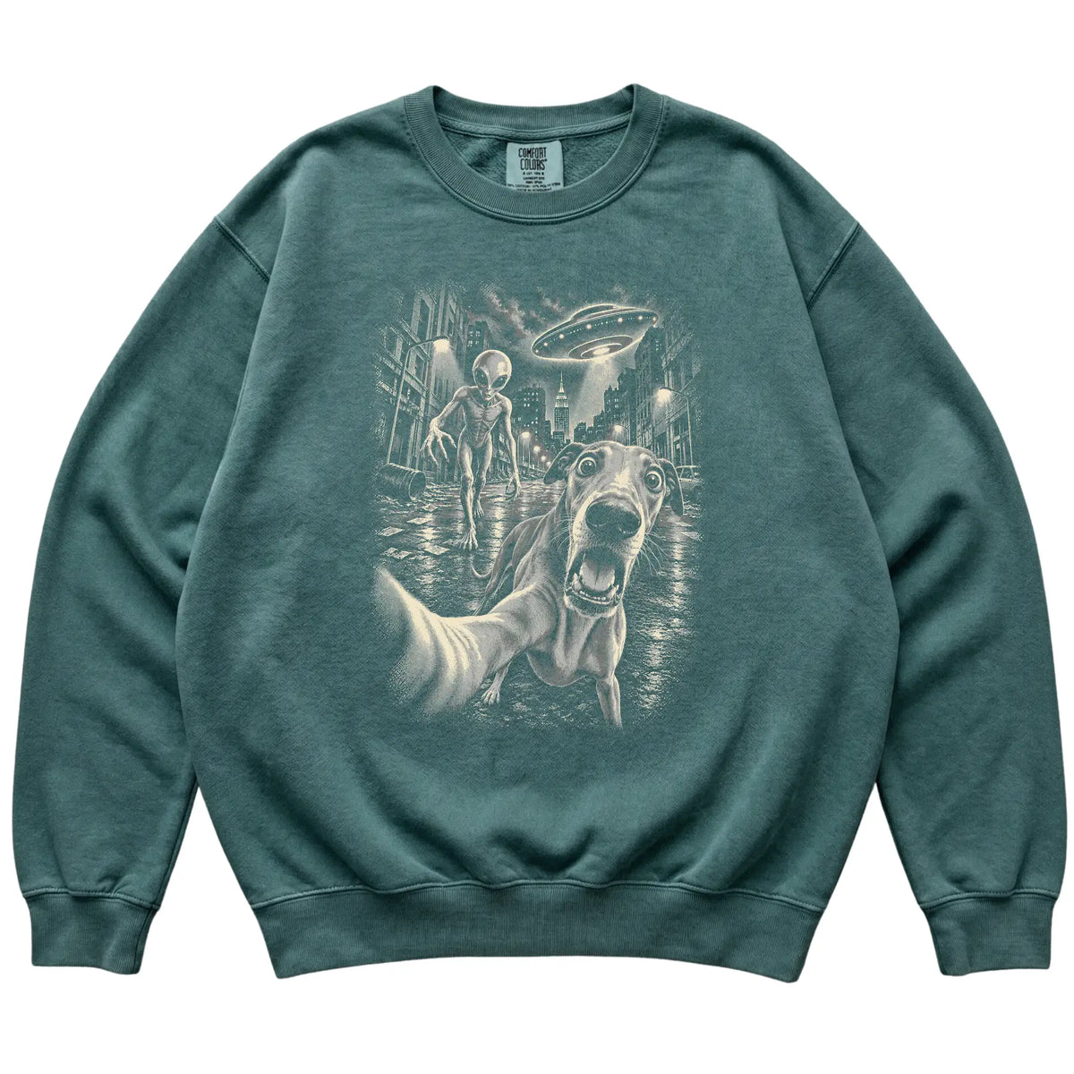 Greyhound Alien Selfie Comfort Colors Sweatshirt in Blue Spruce, flat view