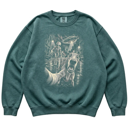 Greyhound Alien Selfie Comfort Colors Sweatshirt in Blue Spruce, flat view