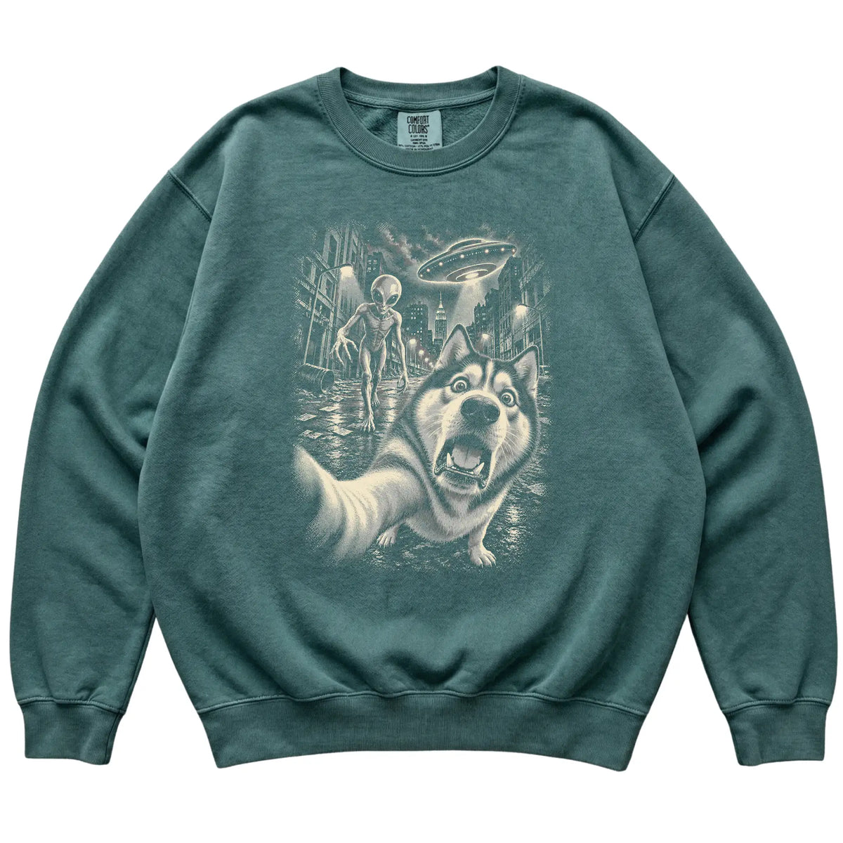 Husky Alien Selfie Comfort Colors Sweatshirt in Blue Spruce, flat view