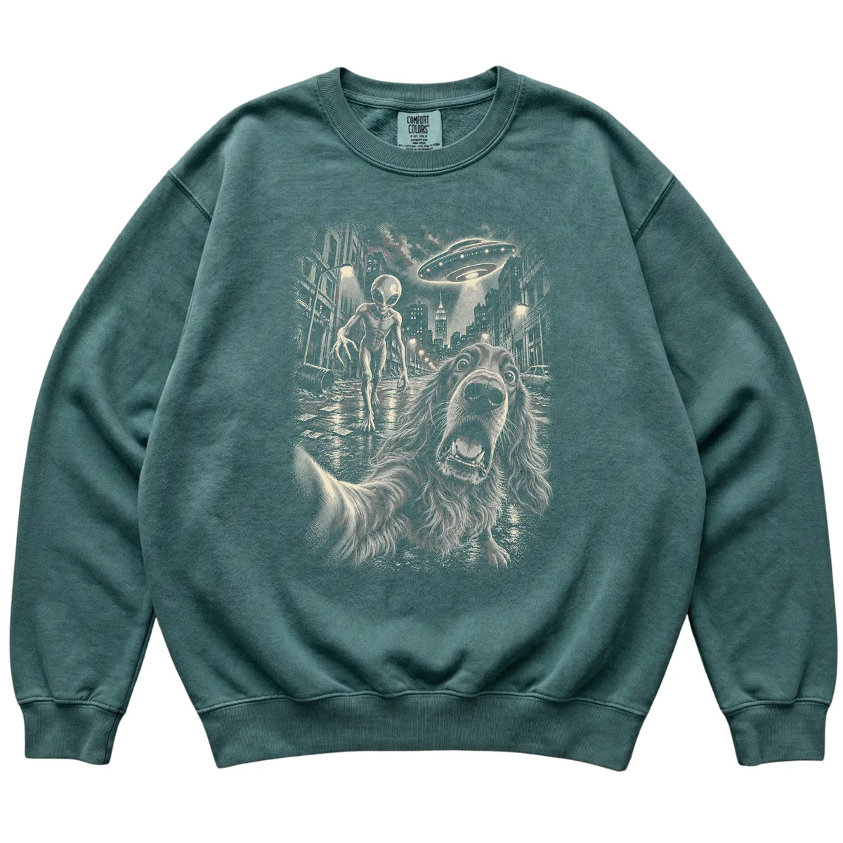 Irish Setter Alien Selfie Comfort Colors Sweatshirt in Blue Spruce, flat view