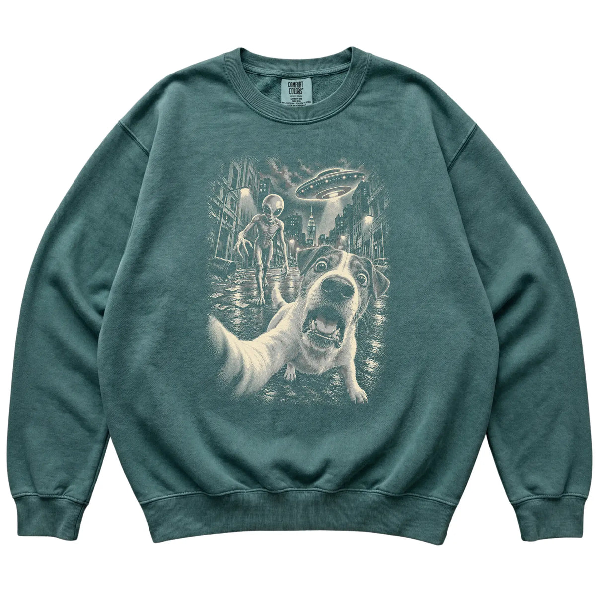 Jack Russell Alien Selfie Comfort Colors Sweatshirt in Blue Spruce, flat view