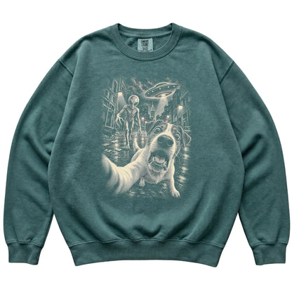 Jack Russell Alien Selfie Comfort Colors Sweatshirt in Blue Spruce, flat view