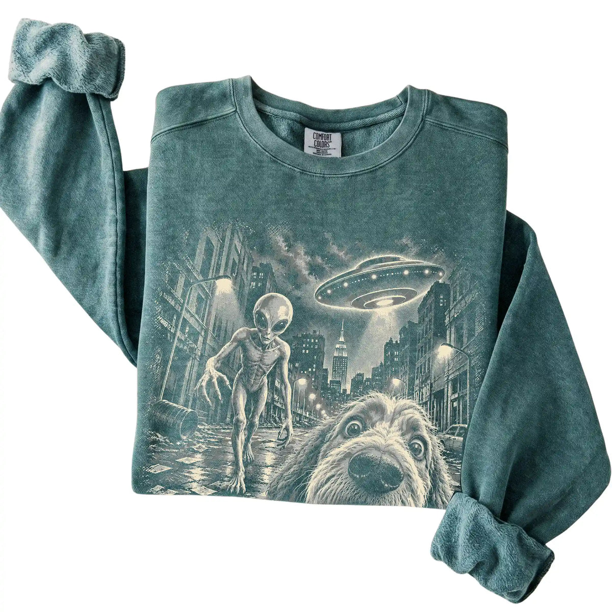 Labradoodle Alien Selfie Comfort Colors Sweatshirt in Blue Spruce, folded view